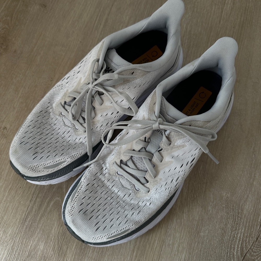 Hoka White and Gray Clifton 8